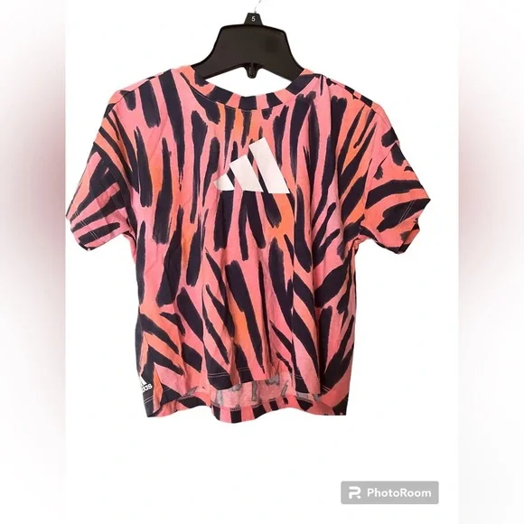 Adidas logo all over print tee zebra top. Sz small 7/8 Orange/pink/black stripes - Picture 4 of 6